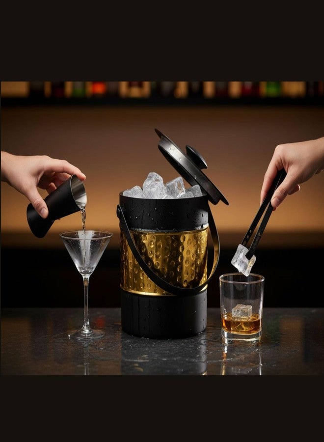 FINALITY دلو ثلج معزول مزدوج الجدران من الفولاذ المقاوم للصدأ من FINALITY مع غطاء وملقط ومقياس على شكل حرف V، سعة 1.5 لتر (أسود + ذهبي مطروق) - Image 3